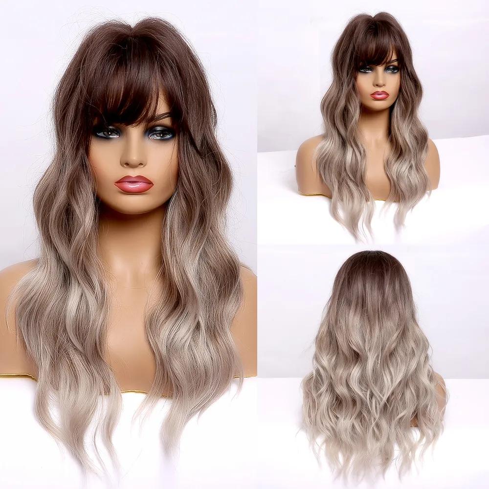 ALAN EATON Omber Brown Wavy  Layered Synthetic Wigs with Curtain Bangs Long Wave Wigs for Women Daily Use Heat Resistant Hair