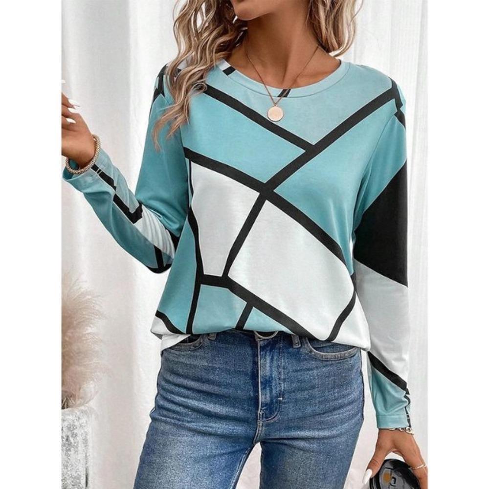 

Модна жіноча футболка Футболка з кольоровими блоками 3D-принт Щоденний світшот Повсякденна футболка з довгими рукавами Футболка з круглим вирізом Весна-осінь Спортивний одяг XL