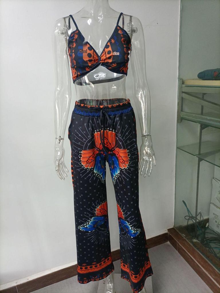 2025 Sommer Damen Europäischer & Amerikanischer Print Bandeau Weite Hosen Zweiteiliges Set