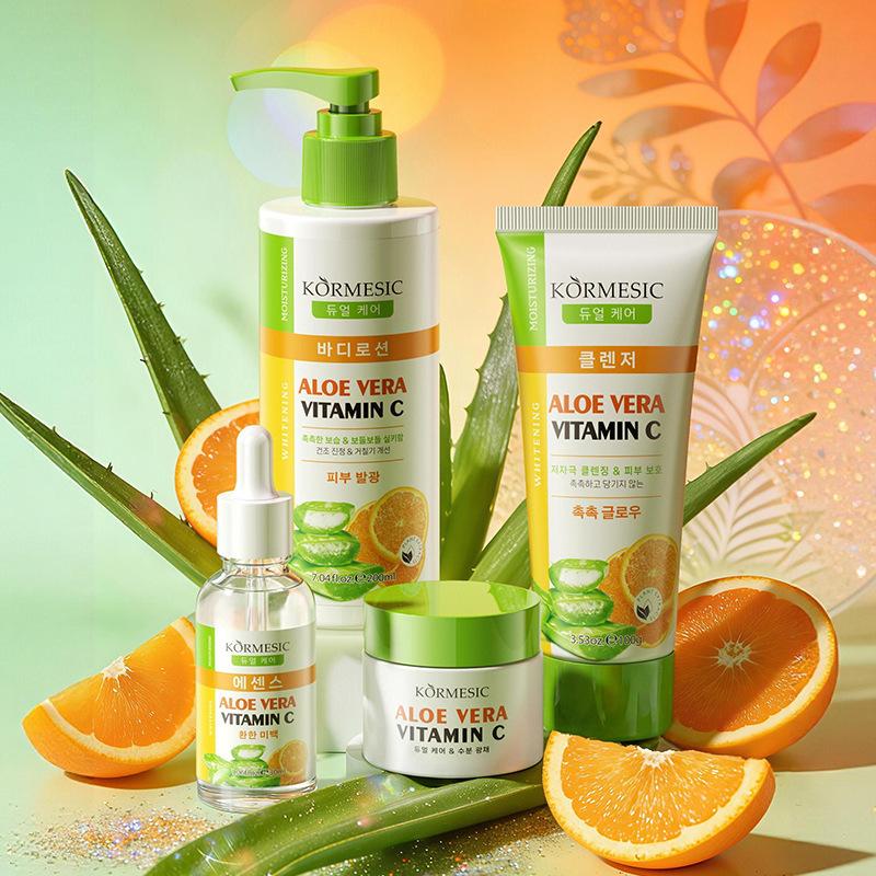 Aloe Vera Vitamin C Skincare Set - 4 Piece Moisturizing Hydrating Facial Kit with Serum, Lotion, Cleanser & Cream - Gentle Daily Care 4pc set