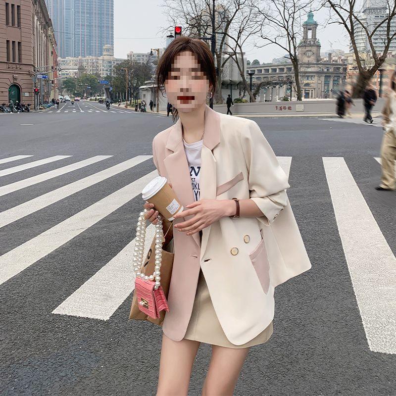 

Нишевый дизайн Женский розовый лоскутный укороченный блейзер - Коллекция весна/осень 2025, Повседневный костюм в уличном стиле Large