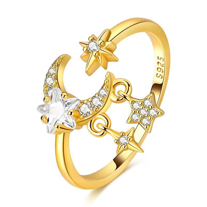 925 Silver Open Ring Star & Moon Foot Claw Heart Adjustable Ring For Women Wedding Birthday Party Jewelry Gift