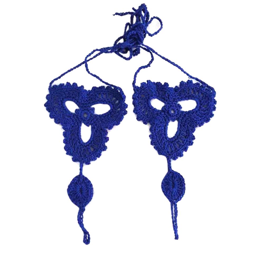 

1 Pair Women Stylish Cotton Crochet Foot Chain with Crochet Ring on Toe Ankle Chain Anklet Ornament Gift blue #1