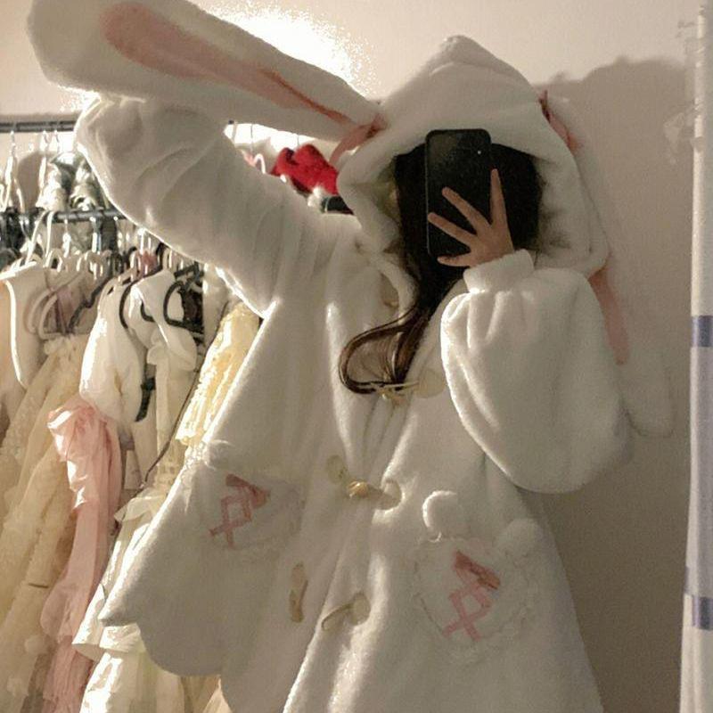 Cute Rabbit Ears Lambswool Sweatshirt Jacket for Women 2025 Winter Petite Size Fleece Lined