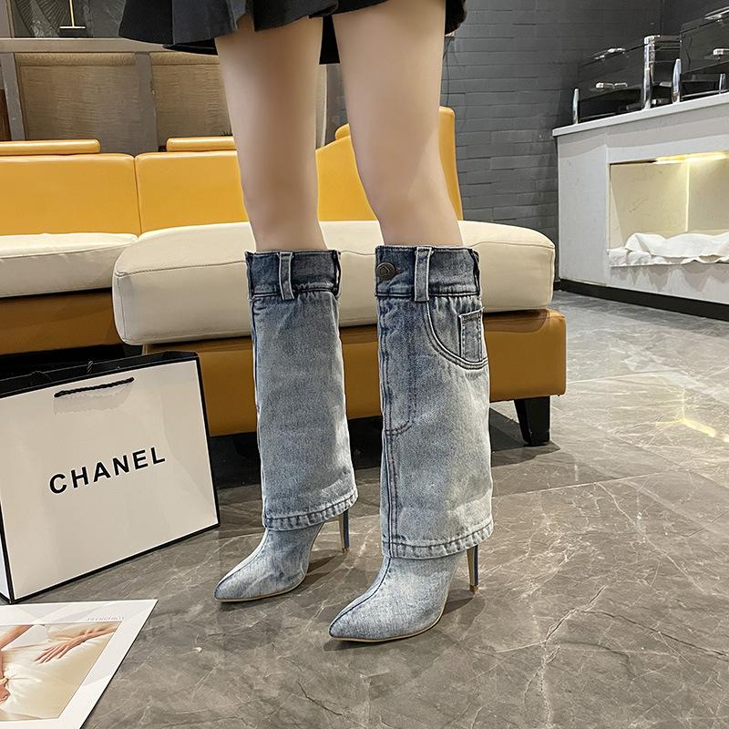 Foreign Trade Europe and the United States Pointed Fashion Single Shoes Women's Stiletto Denim Western Style High Heels Personalized Foot Fashion Sh