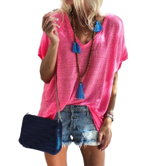 

Женская футболка с V-образным вырезом, с коротким рукавом, однотонная, свободного кроя, летняя, повседневная 2XL розы красного