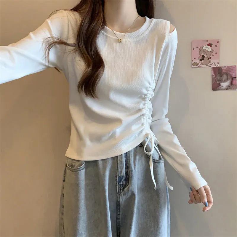 Women's Slim Fit Long-Sleeve Drawstring Pleated Top - New Autumn/Winter Design with Irregular Hem
