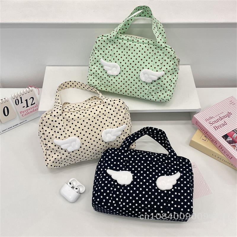 Organisateur de Toilette Grand Modèle Style Ins à Pois avec Ailes, Pochette Cosmétique de Voyage Sac à Maquillage avec Poignées, Trousse de Douche Portable