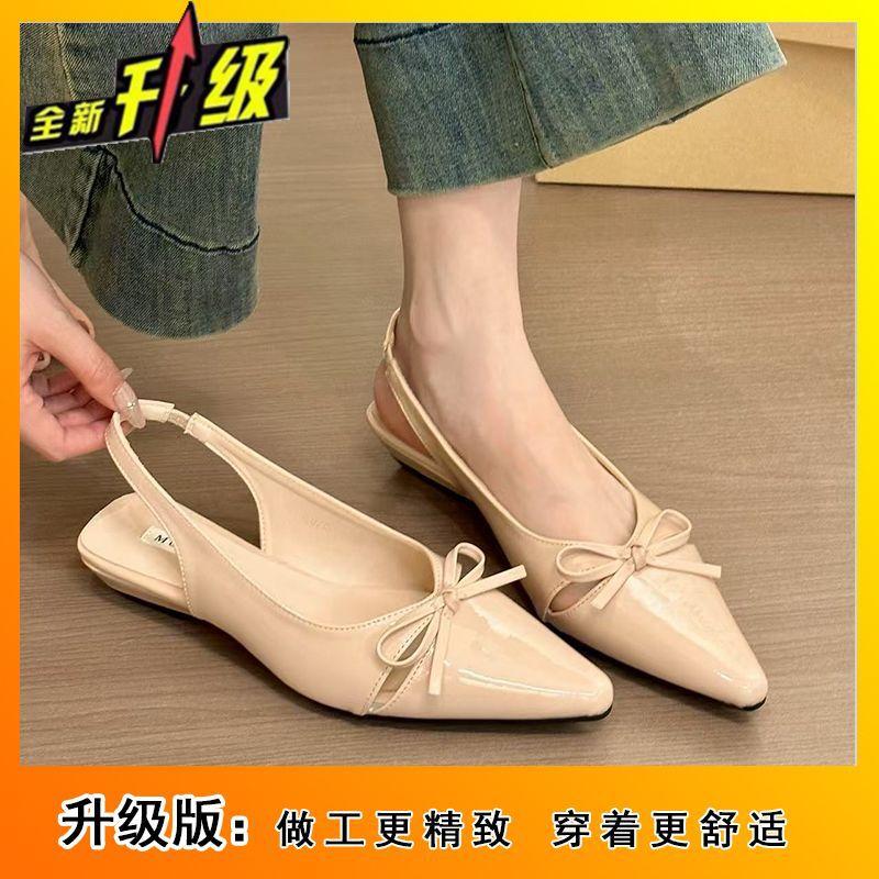 New summer French gentle evening breeze bow bag head sandals women's small slope heel pointed back empty shoes