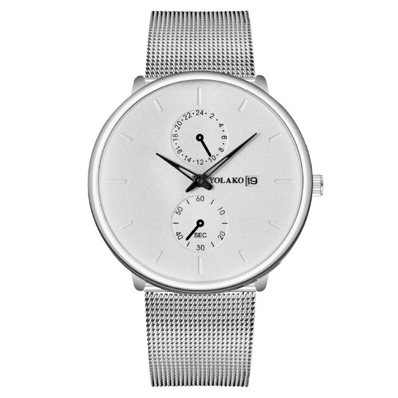 

European and American fashion two-eyed blue needle calendar men s watch men s watch Milan quartz watch with mesh belt watch