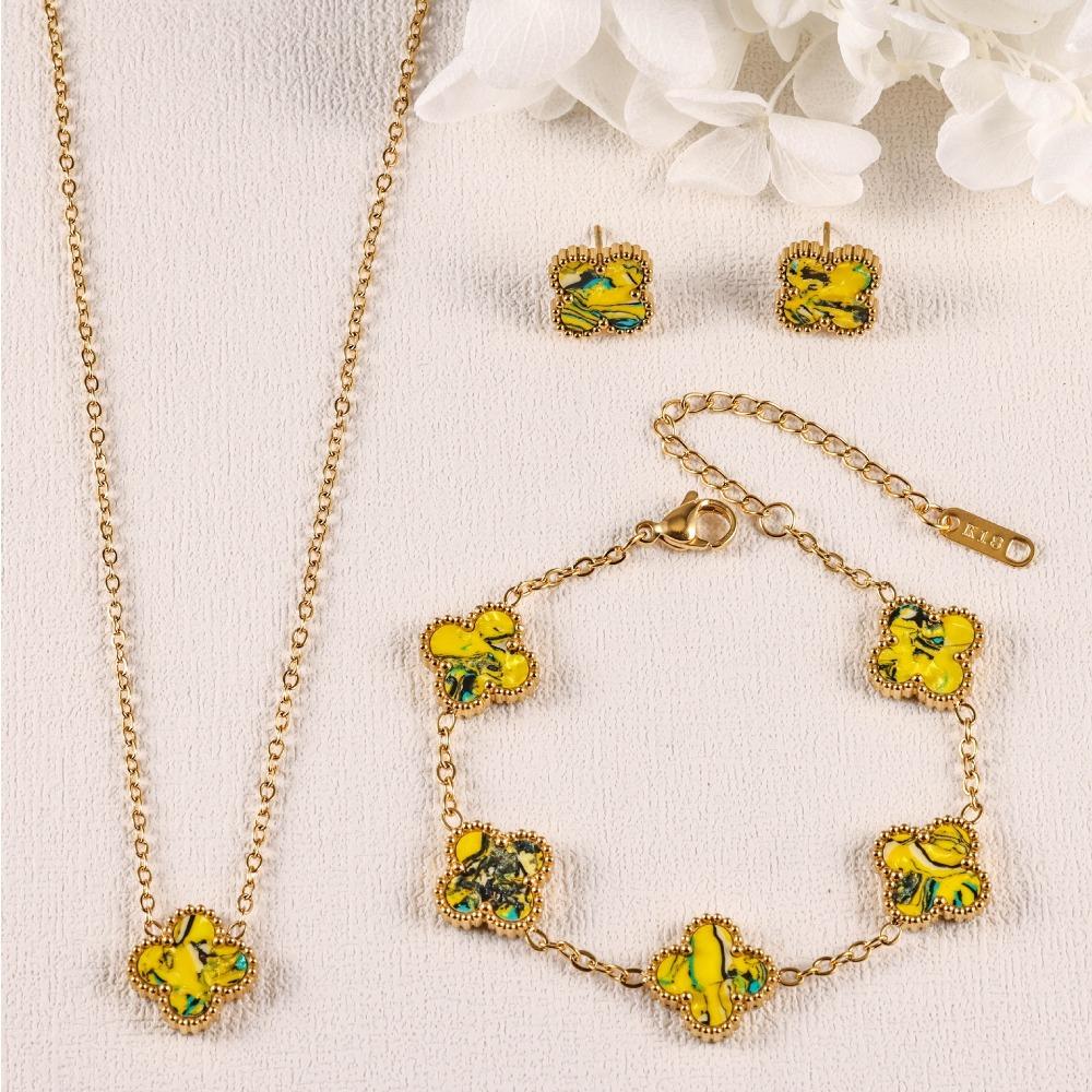 Four-leaf Clover Three-piece Necklace Bracelet and Earring Set - A Luxurious and Colorful Fashion Accessory Set