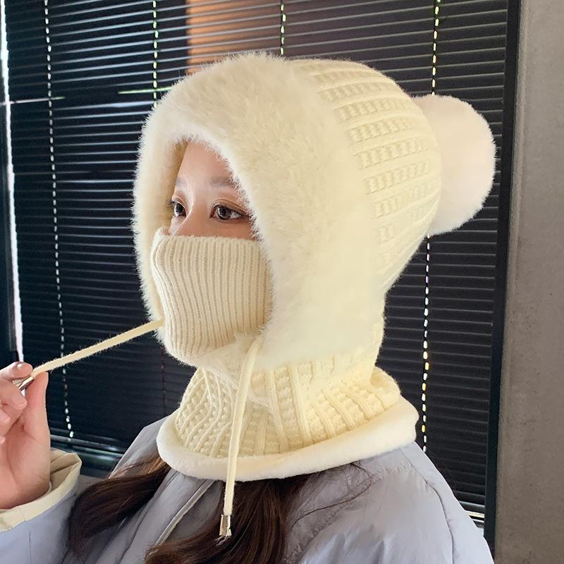 Winter Plush Knitted Hat Women's Mask Scarf Integrated Outdoor Cycling Plush Warm Ear Protection Hat Cold-proof Ski Hat