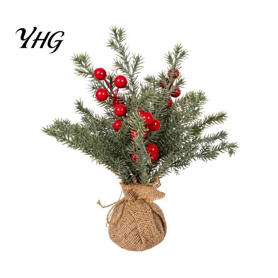 Desktop Holiday Decoration Miniature Christmas Tree with Red Berries, Artificial Mini Pine Burlap Rustic Ornament Base, Tabletop Faux Small Potted for