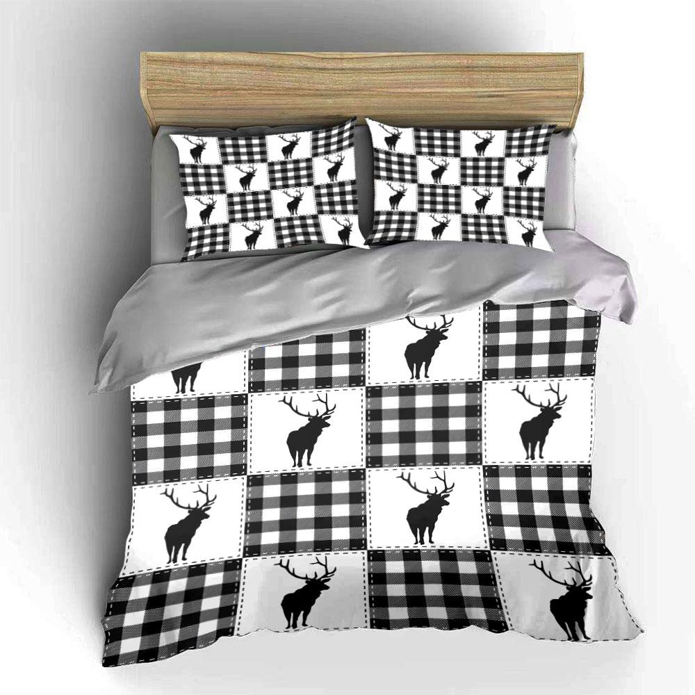 Rustic Plaid Deer Bedding Set 3PCS Black White Buffalo Check Print Duvet Cover with Pillowcases,Single Double, Multiple Sizese
