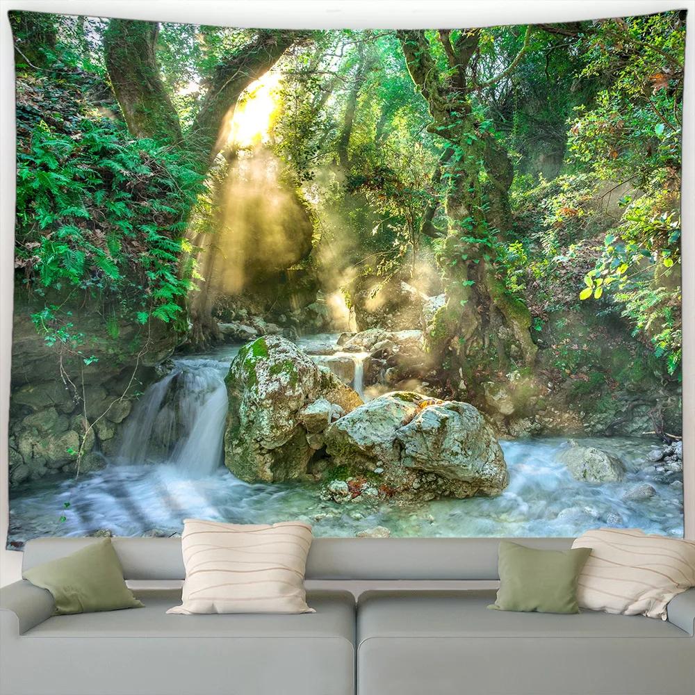Forest Landscape Tapestry Waterfall Tropical Plants Spring Trees Nature Scenery Garden Wall Hanging Home Living Room Dorm Decor