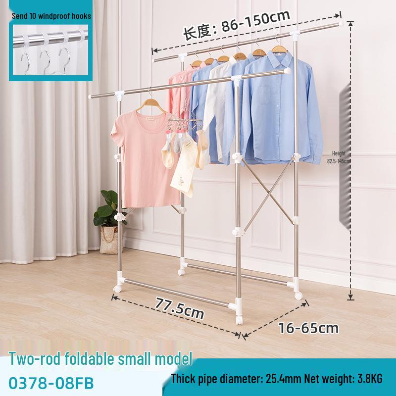 Stainless Steel Floor-Standing Double Rod Folding Clothes Drying Rack for Balcony