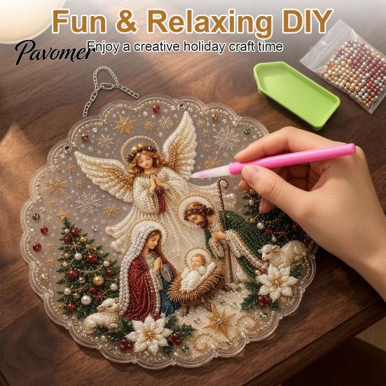 Religiöse Feiertagsdekorationen Weihnachten Perlmuttmalerei Sonnenfänger-Set, 3D Krippe/Weihnachtsmann/Vogel/Baum Festliche Heimdeko Akzente Perlen