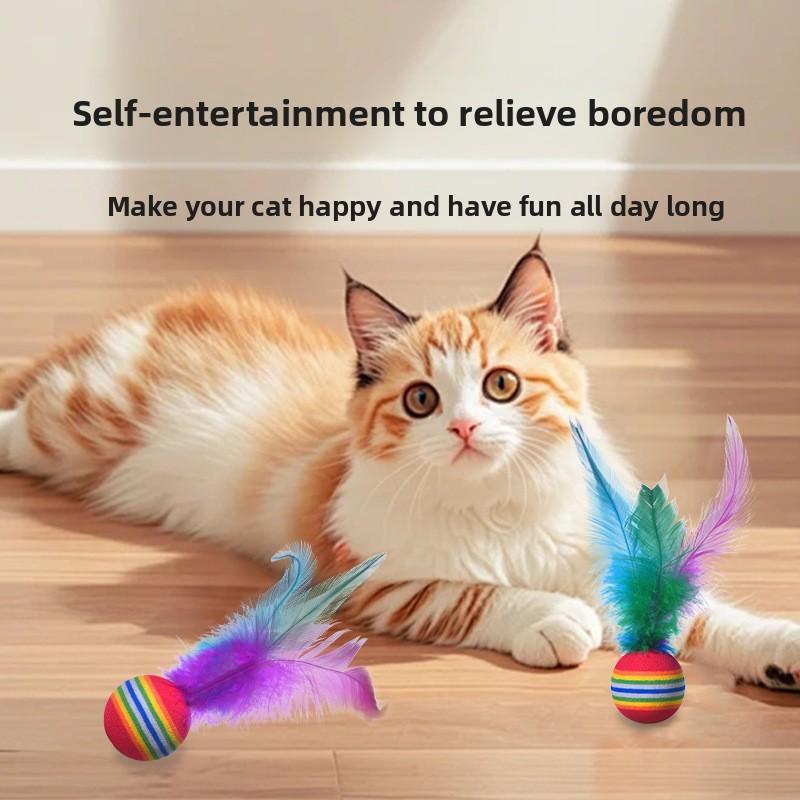 Rainbow Feather Ball Cat Toy, Interactive Pet Toy Ball for Playing and Walking Cats