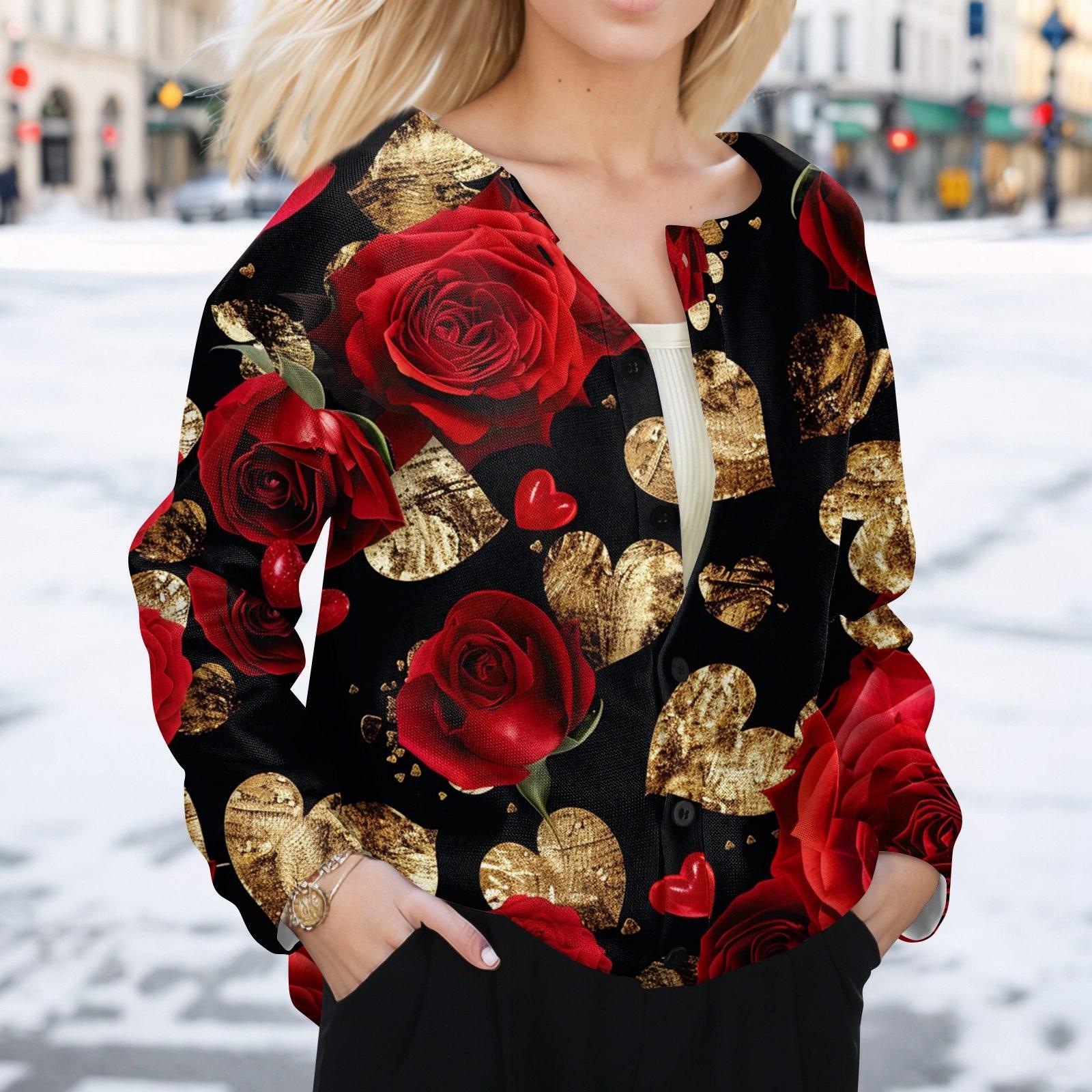 

Женская мода День святого Валентина принтованный длинный рукав кардиган куртка на пуговицах M