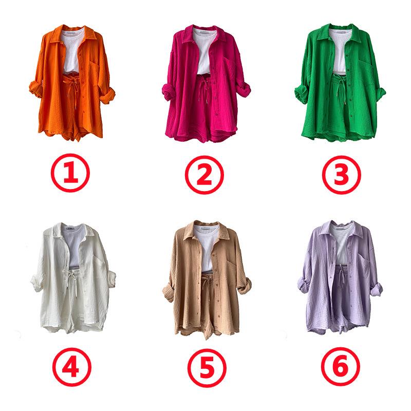 European and American Women's Plus Size Two-Piece Crinkled Set: Long Sleeve Turn-Down Collar Shirt & High Waist Drawstring Shorts.