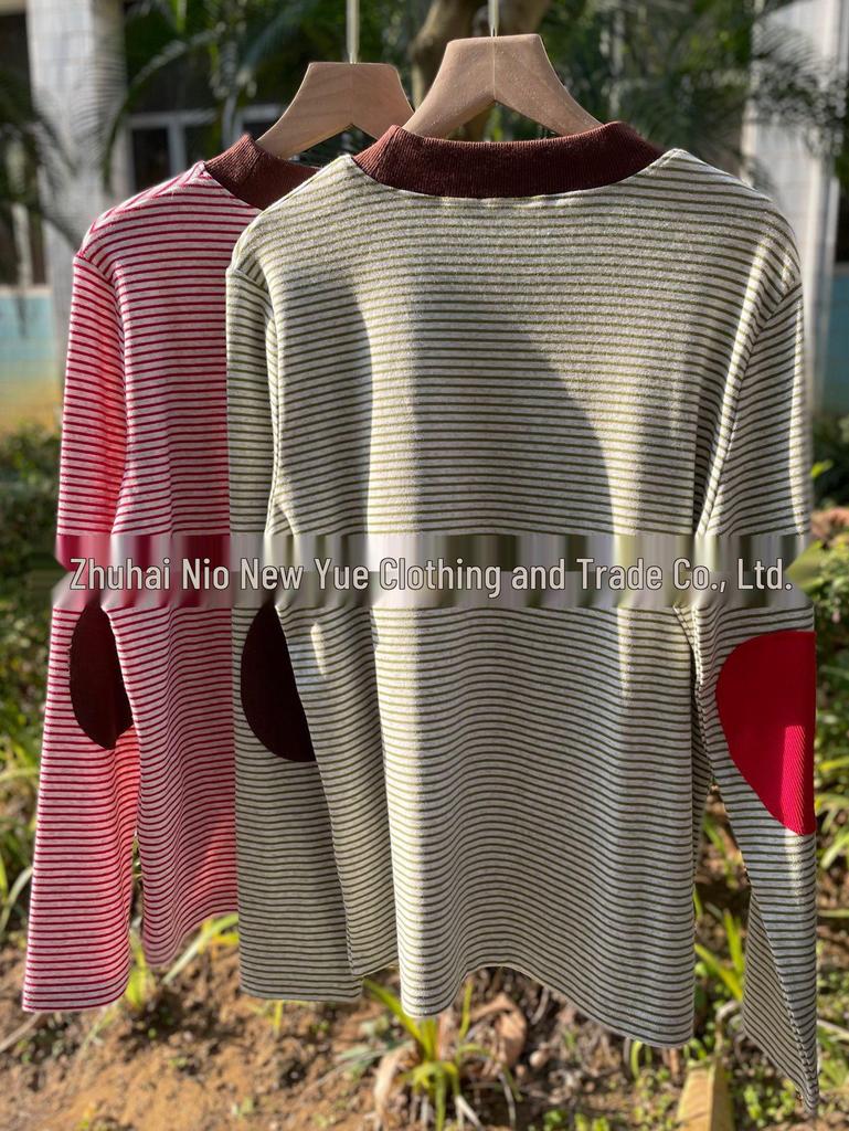 Women's Japanese Stripe Color Block High Collar Long Sleeve T-Shirt - Lazy Style, Light Blue (TX381)