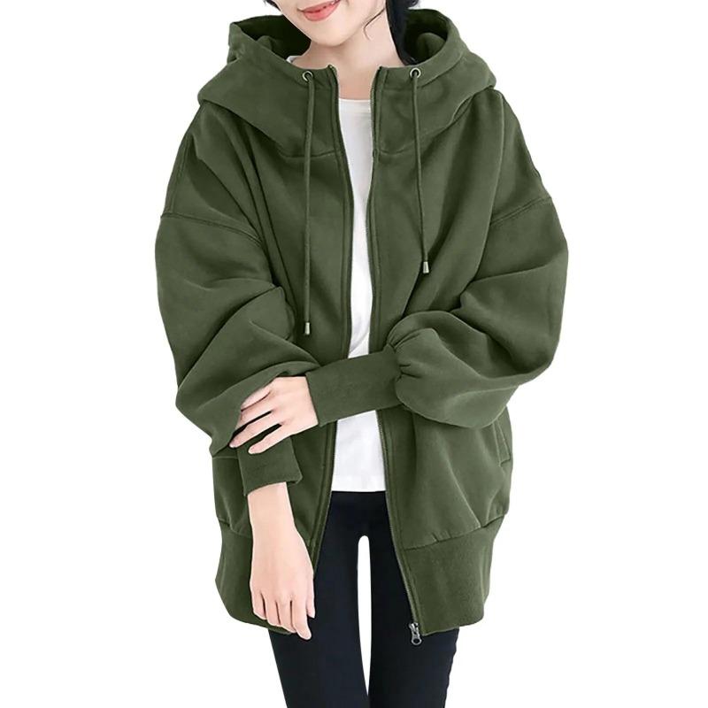 Women's Loose Long Sleeve Drawstring Sweatshirt Oversized Solid Color Zipper Hoodie  Mid-length Warmth Pocket Coat