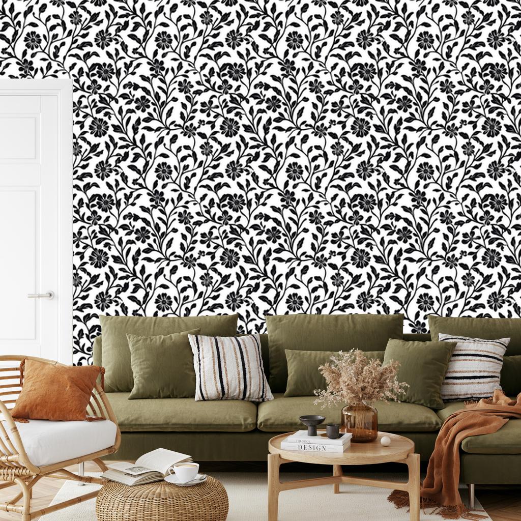 Wallpaper Black and white flowers background gray, center gray 50x1000