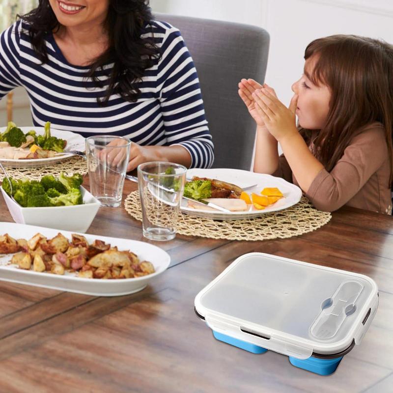Silicone Bento Lunch Box 3 Compartment Foldable Lunch Food Container With Spoon Safe In Microwave Dishwasher Freezer