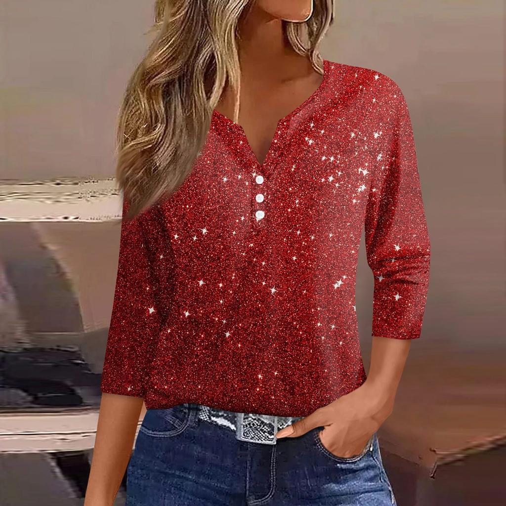 Dámské tričko s vánočním potiskem, knoflíky a 3/4 rukávem, pro každodenní nošení i na víkend, módní základní kousek s výstřihem do V, běžného střihu