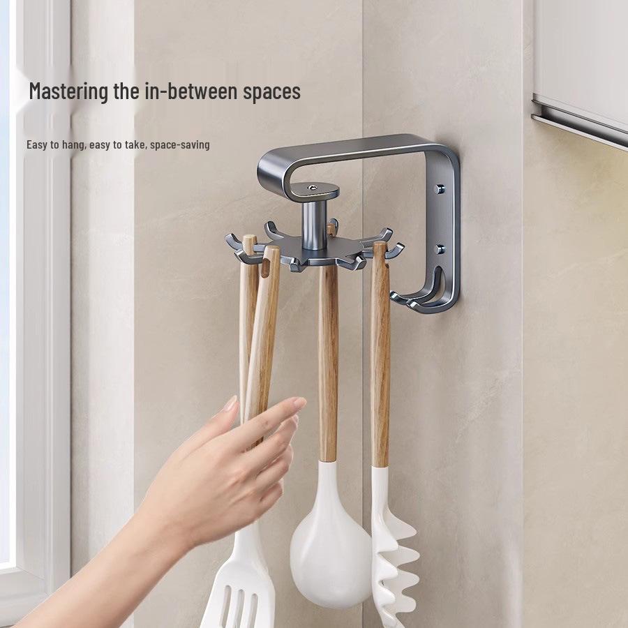 Kitchen Octopus Rotating Hook: Punch-Free Wall-Mounted Hanging Rack for Pot, Spatula, Spoon, and Cutting Board Storage.
