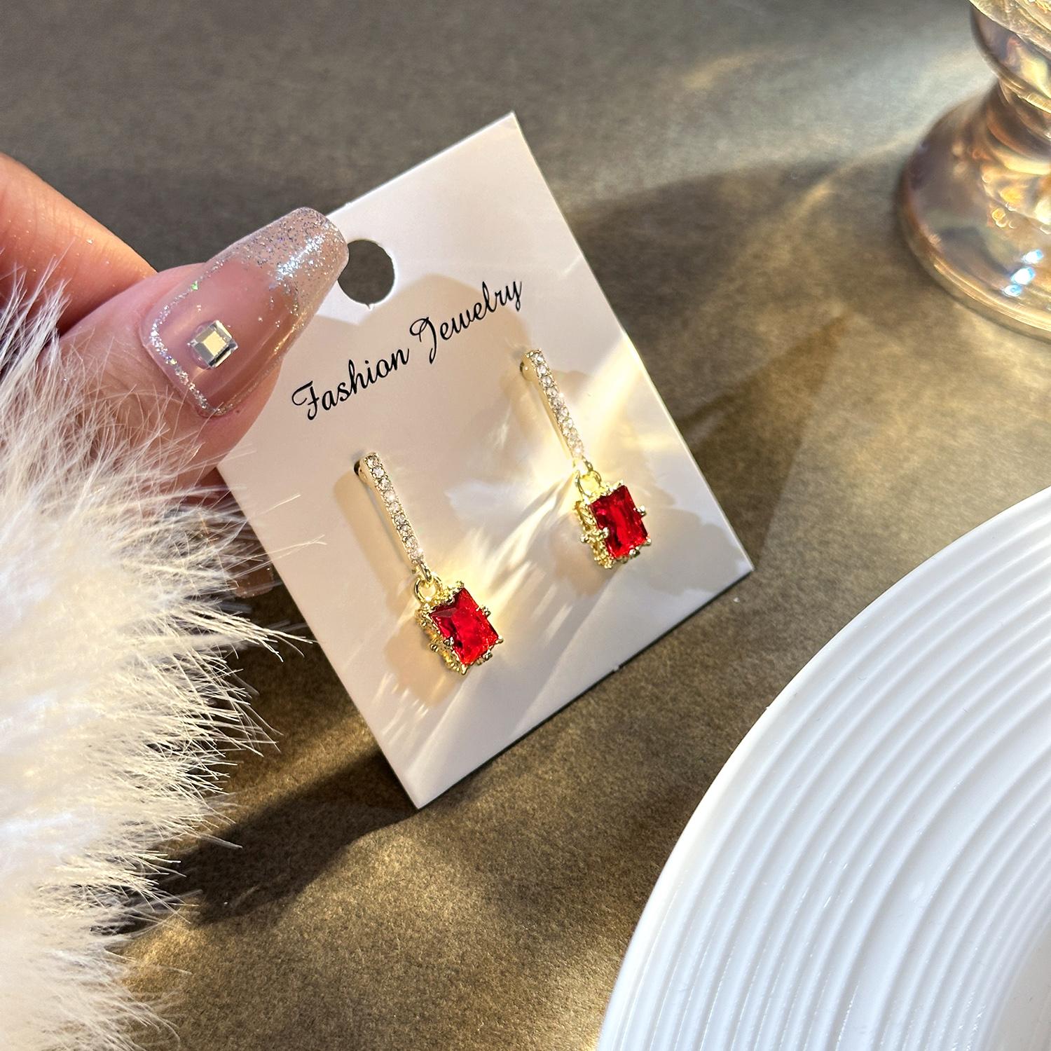 

Romantic Red Zircon Drop Earrings for Women Gold Plated Square Dangle Earring Valentine s Day Jewelry Gift for Wife Girlfriend