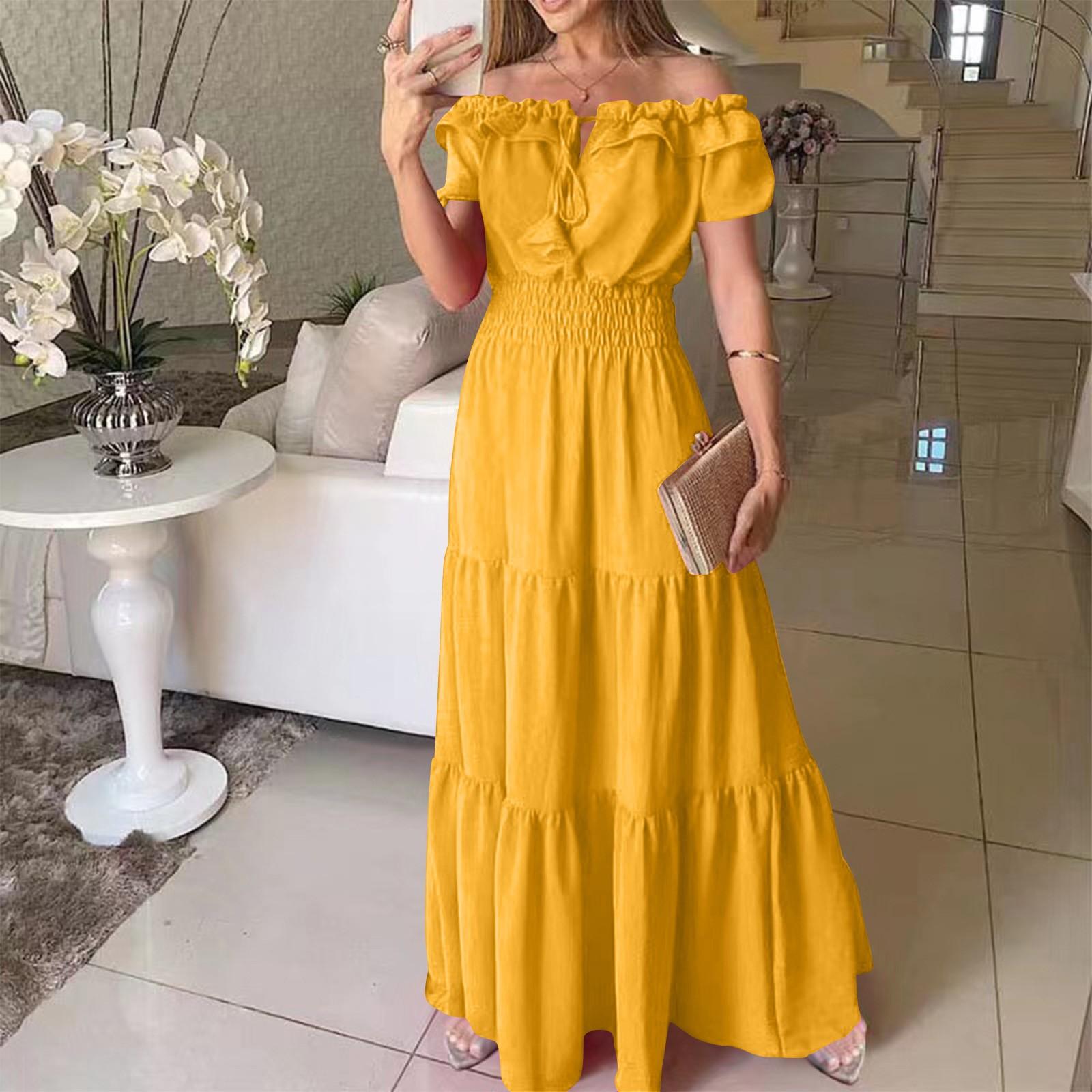 

Женское летнее повседневное однотонное платье с завязкой, бахромой, манжетами без бретелек и рукавами-фонариками S жёлтый