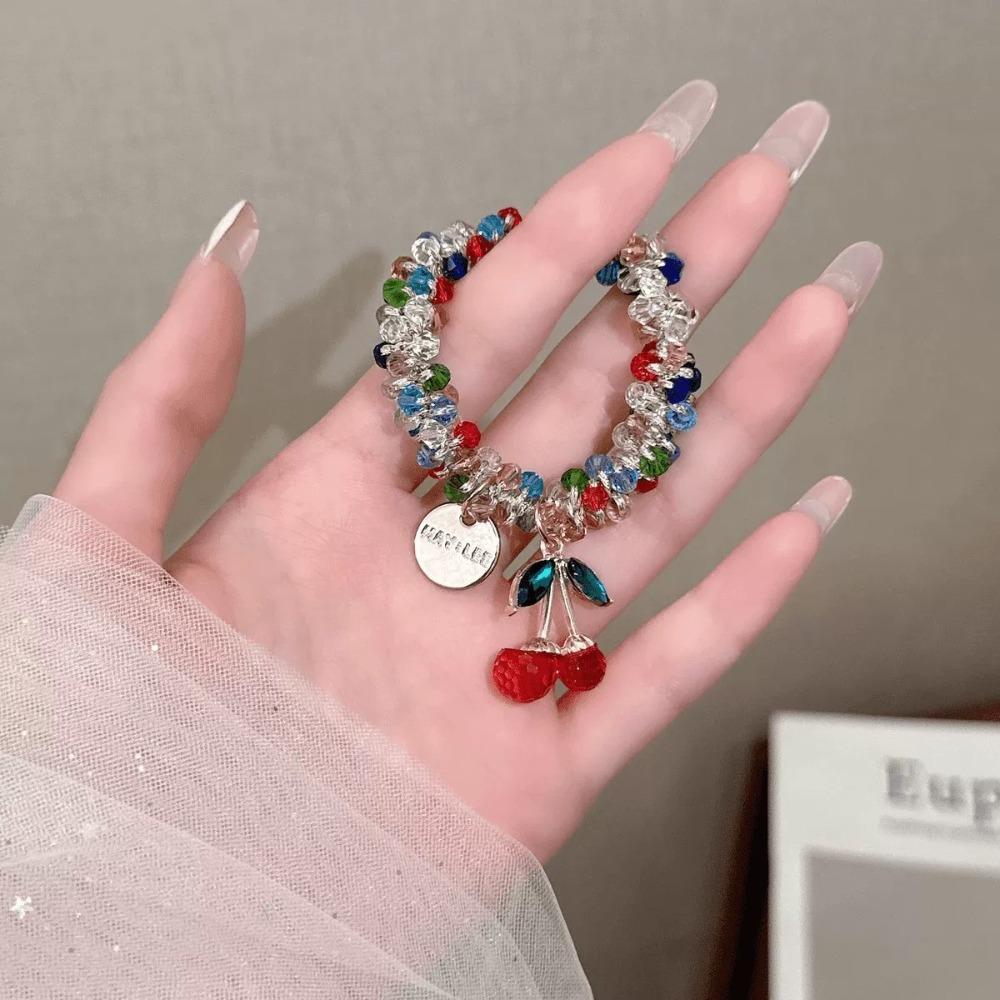 Cherry Cherry Bracelet Rhinestone Ponytail Holder Chic Hair Ties Decorative  Women and Girls