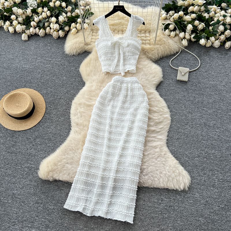 

Sweet Wear Women s Summer Wear Gentle Style Bow Square Collar Sling Small Flying Sleeve Top + High Waist Sheath Skirt White One size