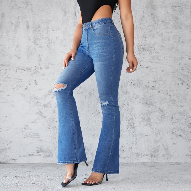Broken Hole Pant Micro-laundry Women's Jeans Slim and Thin High-waisted Elastic Trousers