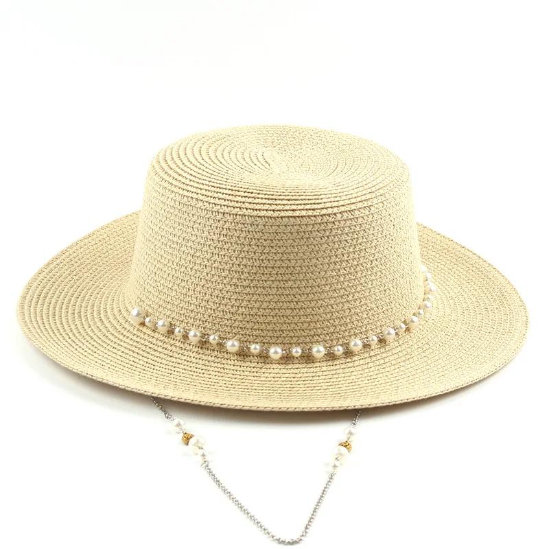 Women Summer UV Protection Straw Sun Hat Wide Brim Korean Style Pearl Decor Beach Foldable Travel Elegant Lightweight