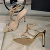Fashion EilyKen Sexy Golden Pointed Toe Women Women Sandals Design Style Crystal Chain Buckle Strap Thin High Heels Party Prom Shoes