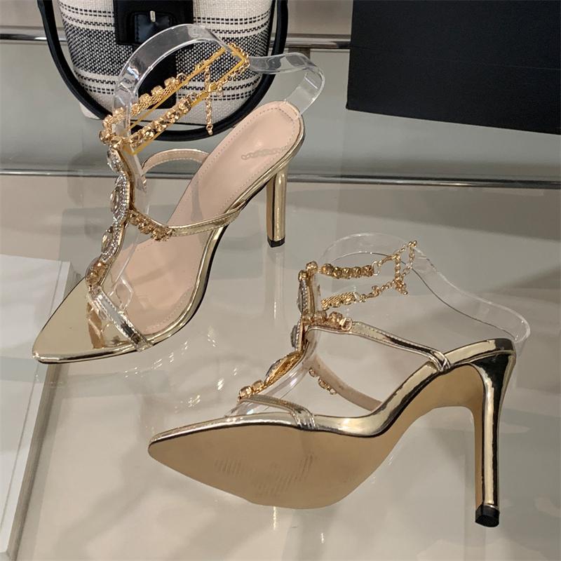 Fashion EilyKen Sexy Golden Pointed Toe Women Women Sandals Design Style Crystal Chain Buckle Strap Thin High Heels Party Prom Shoes