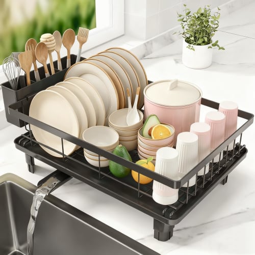 MERRYBOX Dish Drainer, Rust-Resistant, Automatic Draining, Kitchen Dish Drainer, Black, Washing Rack, Dish Drying Rack, Wide Leak-Proof Spout, Large 3