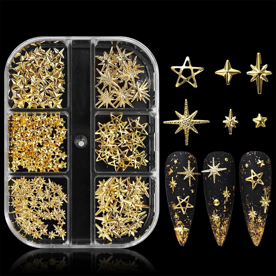 Xiaomi 6 Grids Golden Star Metal Nail Charms Cross Star Nail Metal Rivet Alloy Hollow Star 3D Nail Art Decorations Manicure Accessories