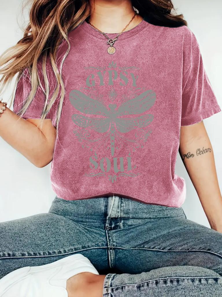 Women's New Cute Printed Short Sleeve Dragonfly Printed Round Neck Loose Short Sleeve