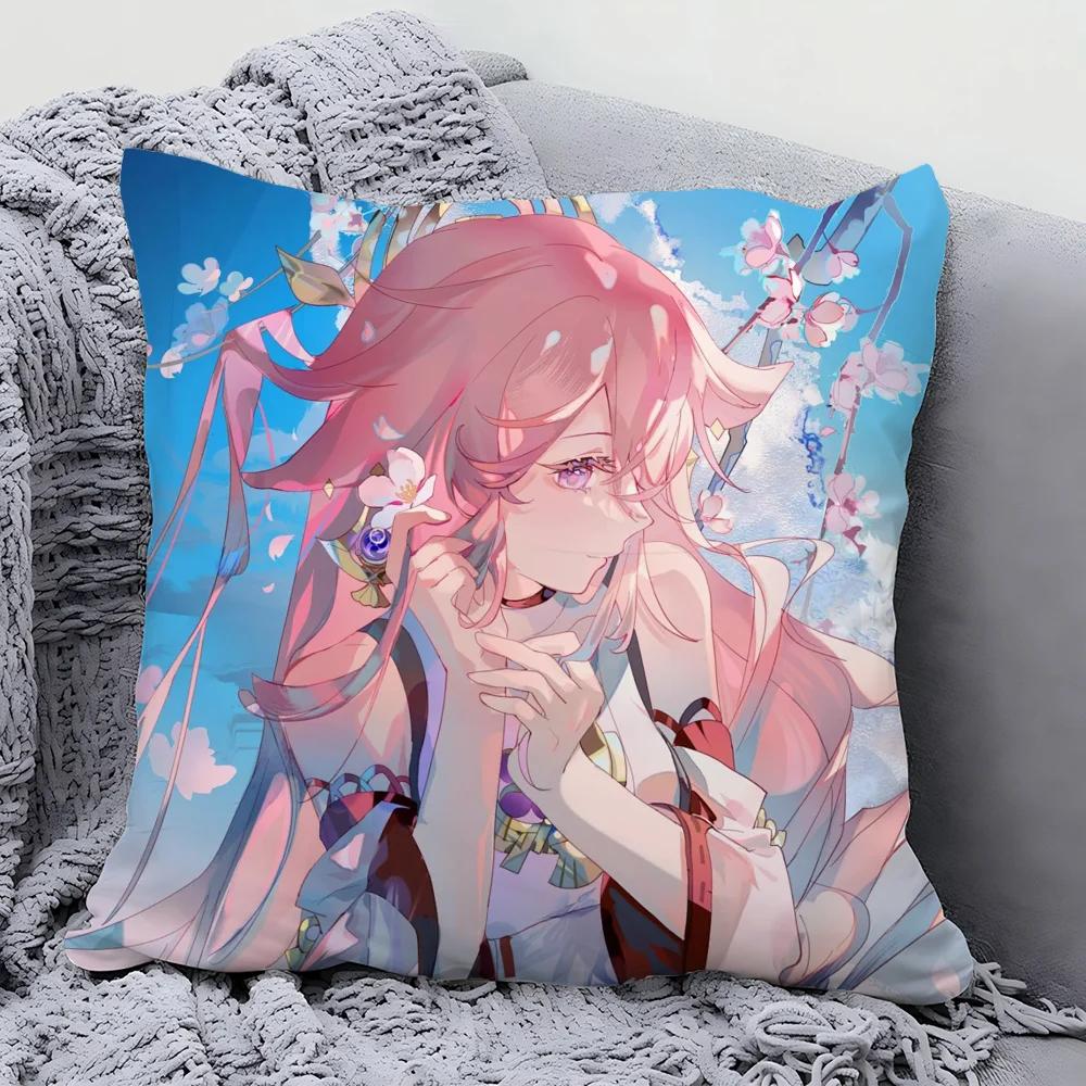 Yae Miko Animation Game G-Genshin I-Impact Pillow Case Square Pillow Bedroom Sofa Leisure Car Living Room Home Decoration 40X40