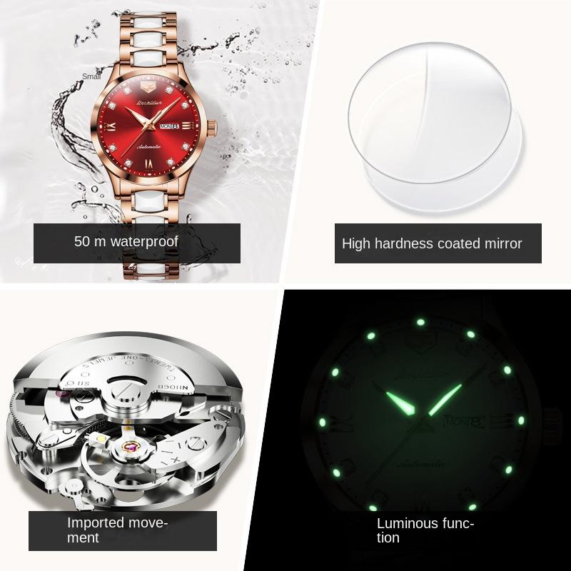 JINSHIDUN-merkeklokker Diamantbelagt romersk automatisk mekanisk klokke Vanntett dameklokke dameklokke