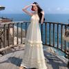 Seaside Beach Temperament Dress Suspender Vacation Dress Beige Sexy Halter Fairy Summer Mopping Feeling