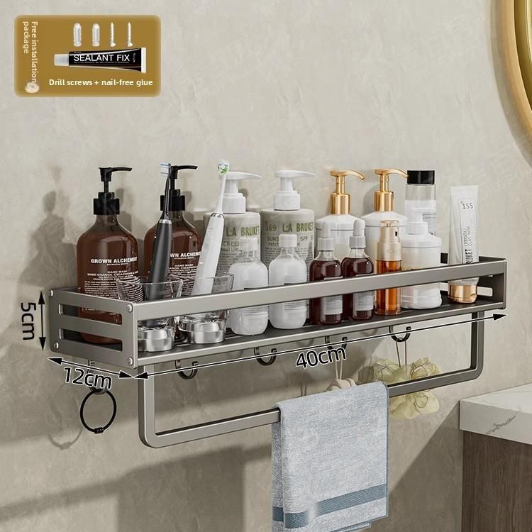Space Aluminum Bathroom Wall Shelf With Hooks And Oxidized Finish For Toilet Storage