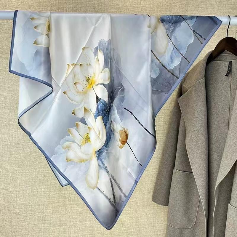 Bysifa|China Style Lotus Blue White Women100% Silk Scarf Hijab Cape Bandana Fall Winter Large Square Head Scarves Shawls 90Cm