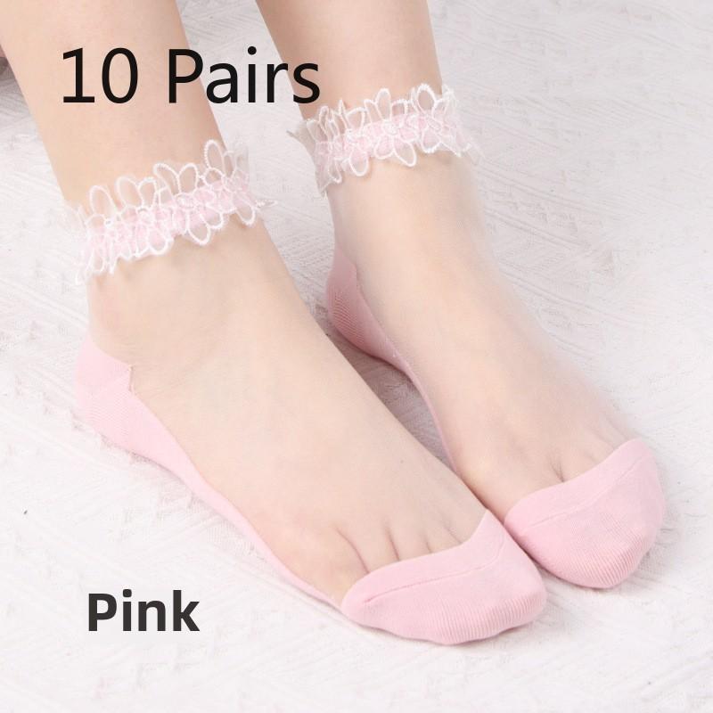 10 Perechi Perechi Șosete de Barcă de Vară Subțiri Transparente cu Dantelă Dantelă pentru Femei Șosete din Sticlă de Cristal pentru Femei