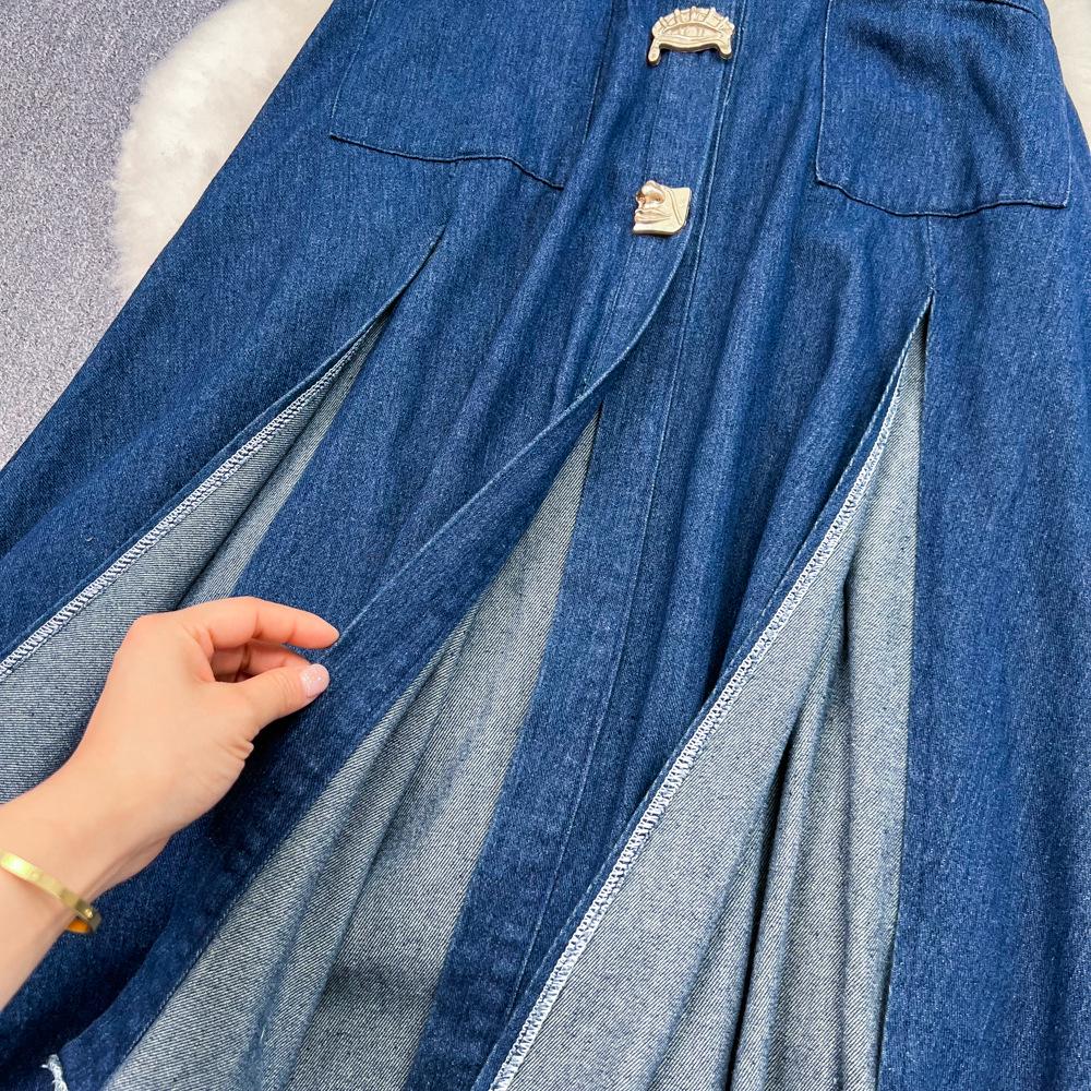 Abito rétro in denim senza maniche a linea ad A con vita cut-out e spacco