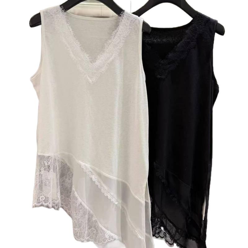 2026 Early Spring Lace Patchwork V-neck Irregular Long Vest Women's Sleeveless Layering Top