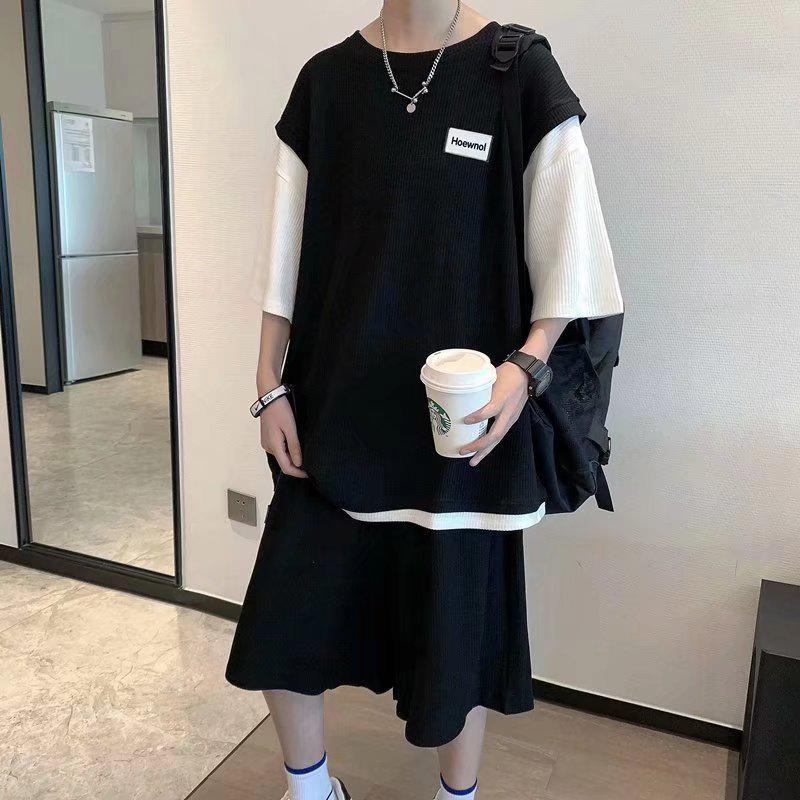 

Men s Summer Trendy Two-Piece Sport T-Shirt Set - Fake Layered Design, Teen Casual Fashion Large чёрный